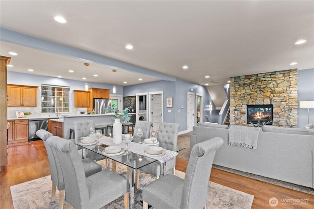 1 Valley View Cir, Bellingham, WA 98229 - dining area with light wood finished floors, recessed lighting, and a fireplace