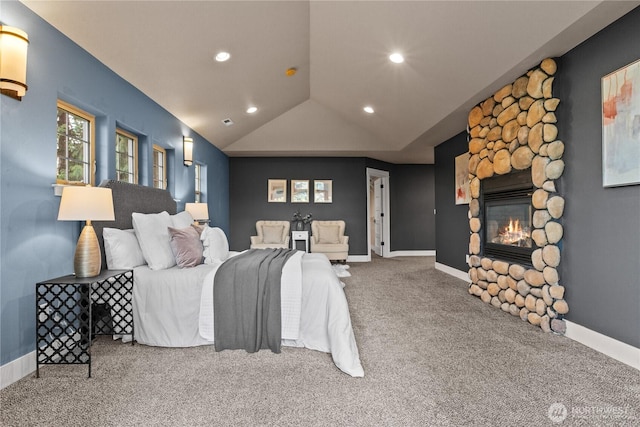 1 Valley View Cir, Bellingham, WA 98229 - bedroom featuring carpet flooring, a fireplace, vaulted ceiling, and recessed lighting