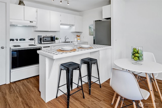 303 N 44th St Unit 105, Seattle, WA 98103 - kitchen featuring appliances with stainless steel finishes, under cabinet range hood, light countertops, a kitchen breakfast bar, and a peninsula
