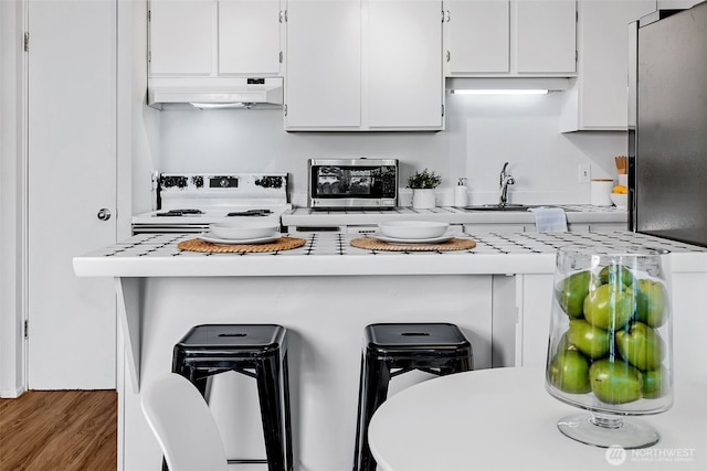 303 N 44th St Unit 105, Seattle, WA 98103 - kitchen with extractor fan, white electric range, light countertops, a breakfast bar area, and white cabinets