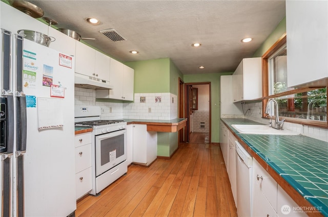 3701N Whitman St, Tacoma, WA 98407 - kitchen featuring white appliances, under cabinet range hood, white cabinets, backsplash, and recessed lighting