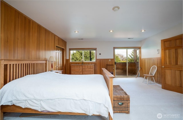 3701N Whitman St, Tacoma, WA 98407 - bedroom with wooden walls, a wainscoted wall, access to outside, light carpet, and recessed lighting