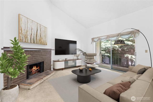 17529 151st Ave SE Unit 7-11, Renton, WA 98058 - carpeted living area featuring a brick fireplace and high vaulted ceiling