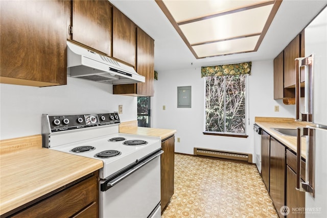 17529 151st Ave SE Unit 7-11, Renton, WA 98058 - kitchen featuring white range with electric stovetop, under cabinet range hood, a baseboard radiator, light countertops, and electric panel