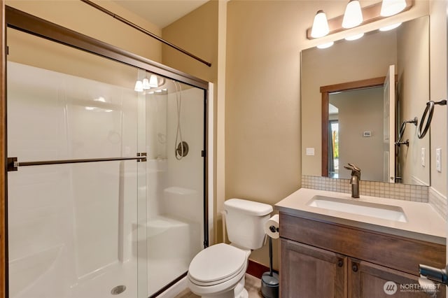 5728 SE 159th Ave, Snohomish, WA 98290 - bathroom featuring a stall shower, vanity, and tasteful backsplash