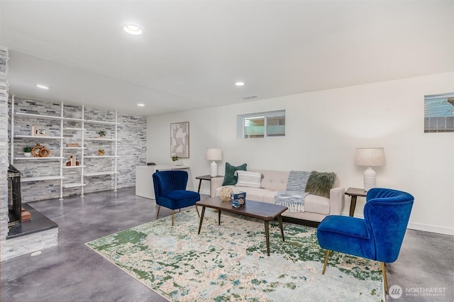 2329 NE 103rd St, Seattle, WA 98125 - living room with finished concrete flooring, built in features, and recessed lighting