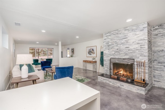 2329 NE 103rd St, Seattle, WA 98125 - living room with concrete flooring, a fireplace, and recessed lighting