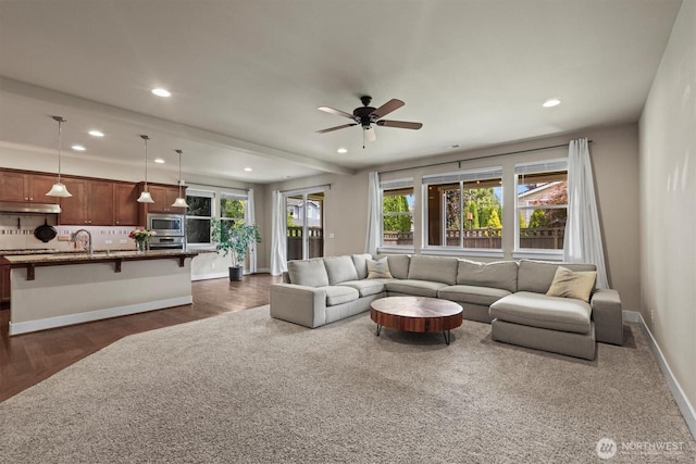 8910 Buttercup St SE, Tumwater, WA 98501 - living room featuring recessed lighting, dark wood-style floors, and a ceiling fan