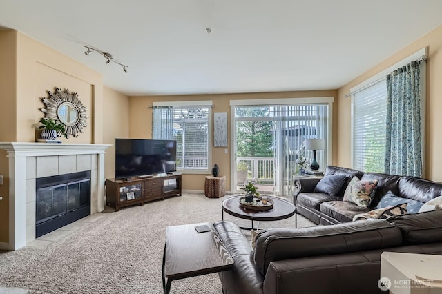 23120 SE Black Nugget Rd Unit D1, Issaquah, WA 98029 - living room featuring track lighting, a tiled fireplace, carpet floors, and tile patterned floors