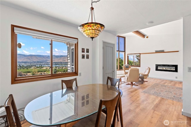 71 Blue Grade Rd, East Wenatchee, WA 98802 - dining area with light wood-style flooring, a mountain view, and a glass covered fireplace
