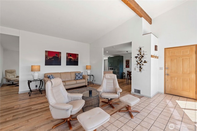 71 Blue Grade Rd, East Wenatchee, WA 98802 - living area with high vaulted ceiling, beam ceiling, and light wood finished floors