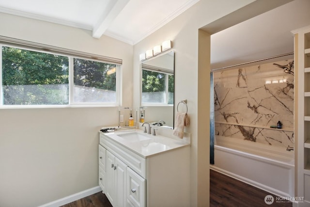 1111 Garrison Ave, Port Orchard, WA 98366 - bathroom with vanity, shower / tub combo, beamed ceiling, wood finished floors, and ornamental molding