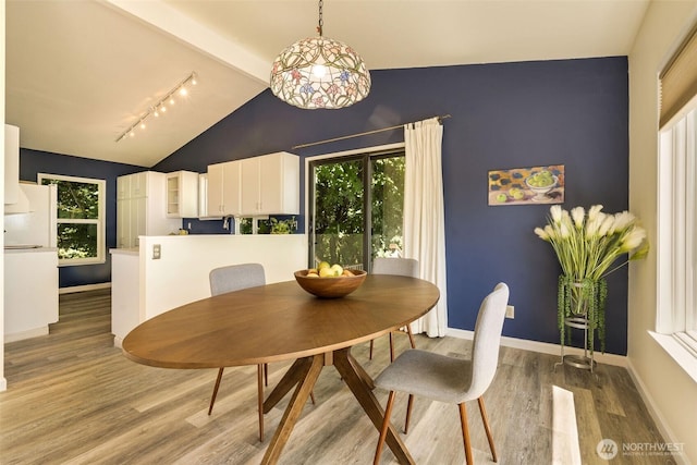 27727 94th Ave SW, Vashon, WA 98070 - dining area featuring track lighting, vaulted ceiling, wood finished floors, and healthy amount of natural light