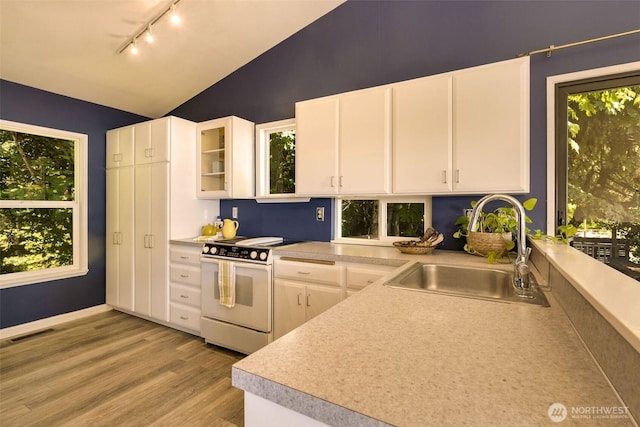 27727 94th Ave SW, Vashon, WA 98070 - kitchen featuring white range, rail lighting, vaulted ceiling, light wood-type flooring, and light countertops