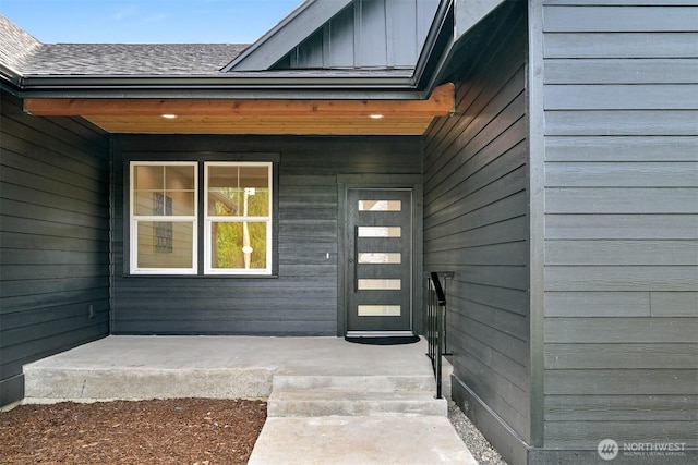 710 E 4th St, Nooksack, WA 98276 - property entrance featuring a shingled roof