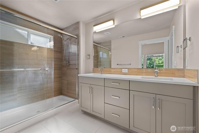 2204 176th Pl SW Unit 3, Lynnwood, WA 98037 - full bath featuring double vanity, tile patterned flooring, and a stall shower