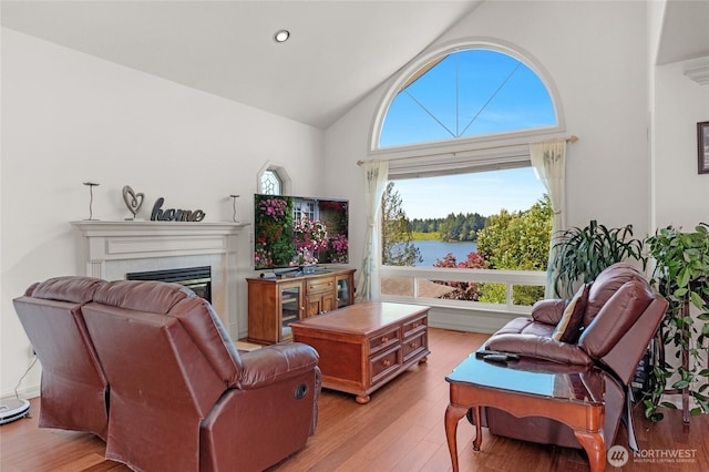 3607 Walthew Dr SE, Lacey, WA 98503 - living room featuring light wood finished floors, a tile fireplace, and high vaulted ceiling