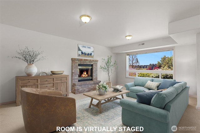 3607 Walthew Dr SE, Lacey, WA 98503 - living area featuring light carpet and a brick fireplace