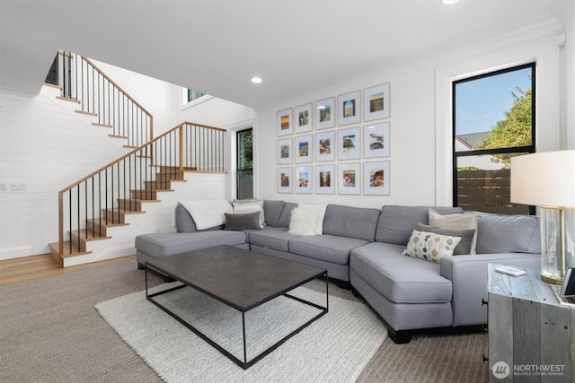 3705 N 18th St, Tacoma, WA 98406 - living room featuring stairway, ornamental molding, and recessed lighting