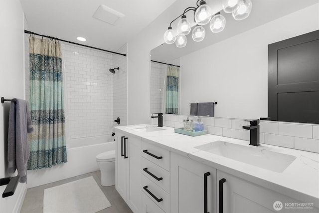 3705 N 18th St, Tacoma, WA 98406 - bathroom with double vanity, shower / tub combo with curtain, and recessed lighting