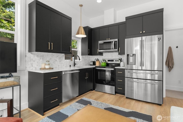 3705 N 18th St, Tacoma, WA 98406 - kitchen featuring appliances with stainless steel finishes, dark cabinets, decorative backsplash, light countertops, and recessed lighting