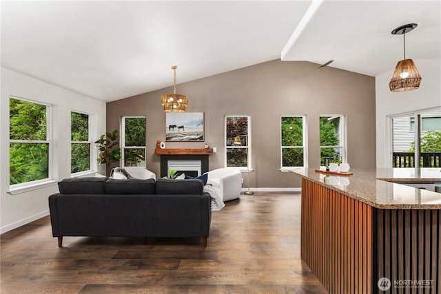 28 Lost Lake Ln, Bellingham, WA 98229 - living room featuring lofted ceiling, dark wood finished floors, healthy amount of natural light, and a fireplace