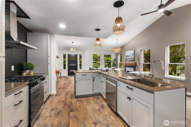 28 Lost Lake Ln, Bellingham, WA 98229 - kitchen with appliances with stainless steel finishes, wall chimney range hood, light wood-style flooring, ceiling fan, and dark stone countertops