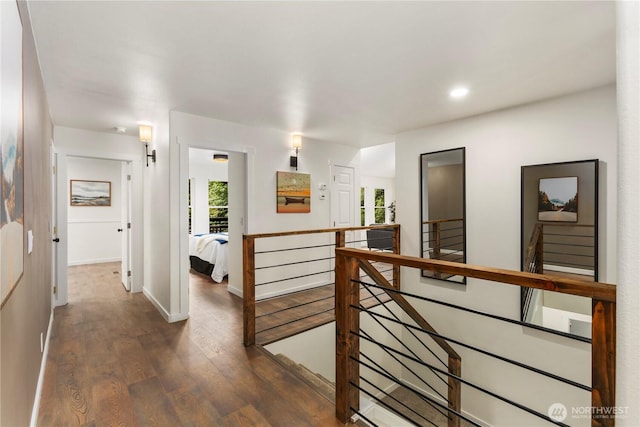 28 Lost Lake Ln, Bellingham, WA 98229 - hallway with an upstairs landing, dark wood-type flooring, and recessed lighting