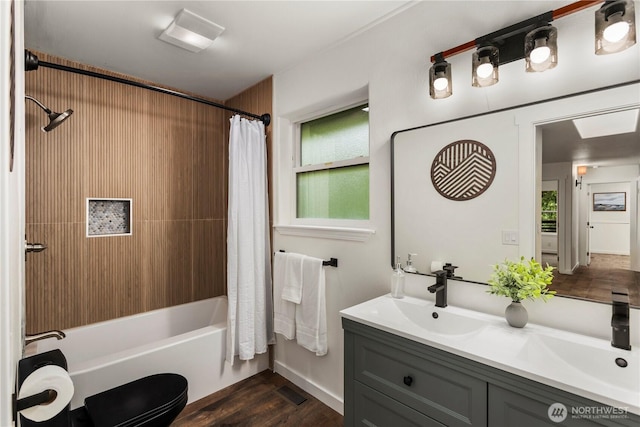 28 Lost Lake Ln, Bellingham, WA 98229 - bathroom with shower / tub combo, double vanity, wood finished floors, and plenty of natural light