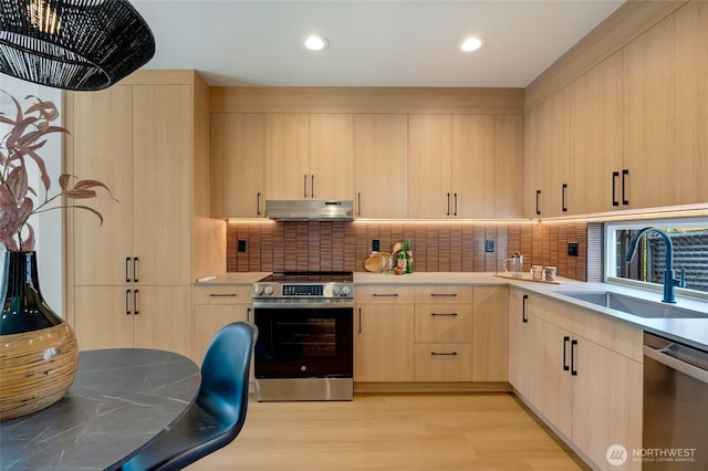 5427 25th Ave SW, Seattle, WA 98106 - kitchen featuring light brown cabinetry, stainless steel appliances, under cabinet range hood, light wood-style floors, and light countertops