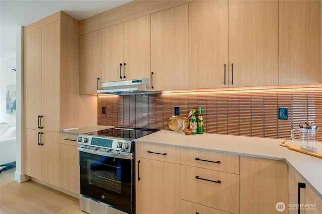 5427 25th Ave SW, Seattle, WA 98106 - kitchen with electric range, under cabinet range hood, and light brown cabinets