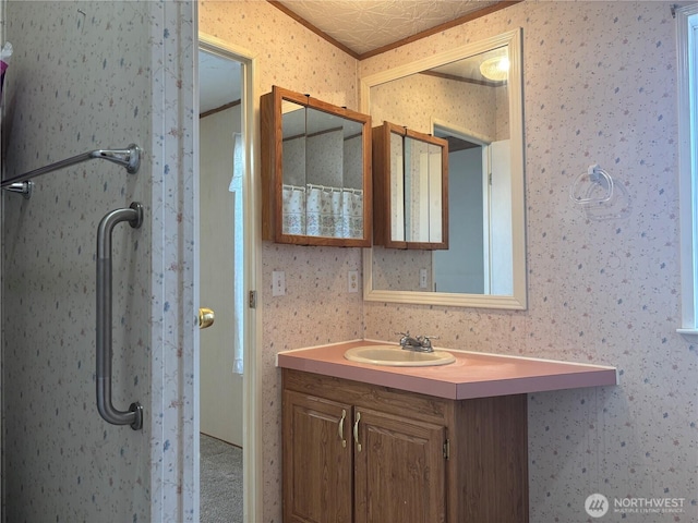 7519 18th Avenue Ct E, Tacoma, WA 98404 - bathroom featuring wallpapered walls, vanity, crown molding, and a shower with curtain