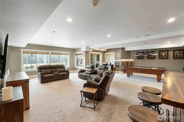 29919 39th Ave S, Roy, WA 98580 - living room featuring light colored carpet, recessed lighting, billiards table, and bar area