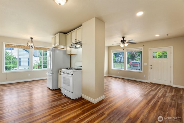 212 Euclid Ave, Shelton, WA 98584 - kitchen with white appliances, under cabinet range hood, dark wood-type flooring, ceiling fan, and recessed lighting