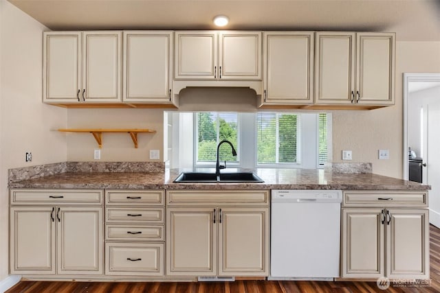 212 Euclid Ave, Shelton, WA 98584 - kitchen featuring white dishwasher, cream cabinets, open shelves, stone countertops, and dark wood finished floors