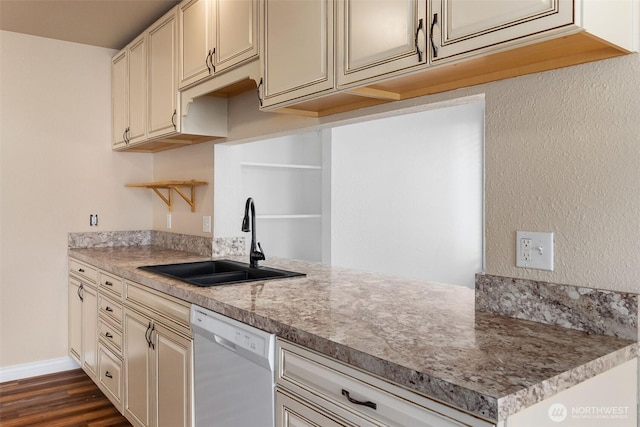 212 Euclid Ave, Shelton, WA 98584 - kitchen featuring white dishwasher, open shelves, and dark wood-type flooring
