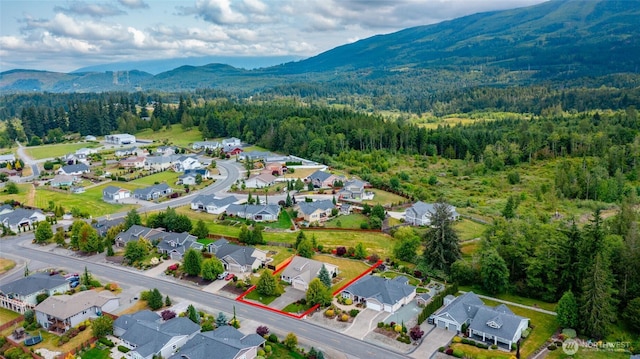 24210 Nookachamp Hills Dr, Mount Vernon, WA 98274 - aerial view of residential area featuring a mountain backdrop and property boundaries highlighted