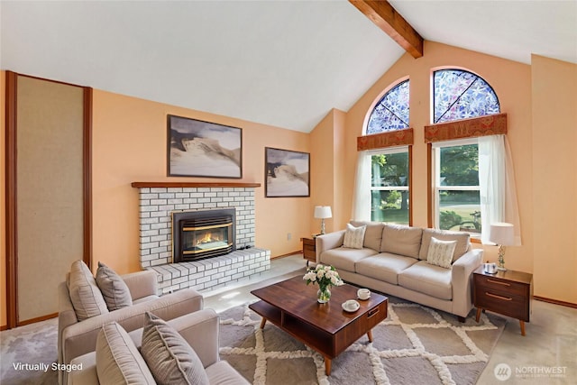 6425 Miner Dr SW, Tumwater, WA 98512 - living room featuring carpet, beam ceiling, a brick fireplace, and high vaulted ceiling