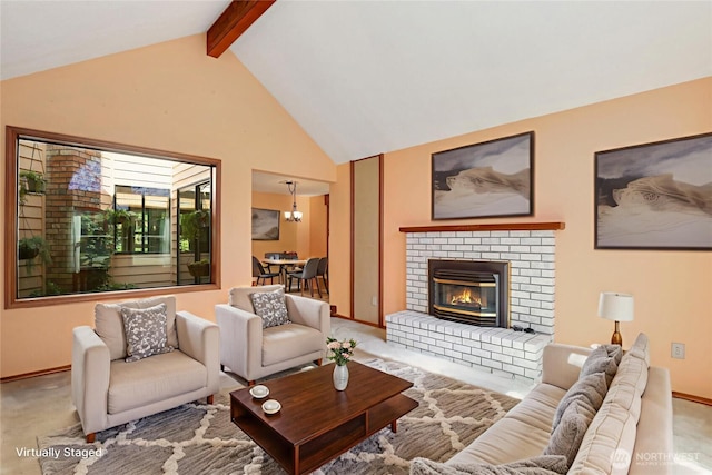 6425 Miner Dr SW, Tumwater, WA 98512 - carpeted living room featuring beamed ceiling, a brick fireplace, and high vaulted ceiling