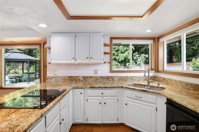 6425 Miner Dr SW, Tumwater, WA 98512 - kitchen featuring black appliances, white cabinets, open shelves, light stone countertops, and recessed lighting
