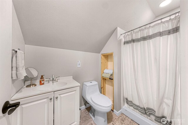 2927 Youngs Rd, Custer, WA 98240 - bathroom featuring lofted ceiling, vanity, and curtained shower