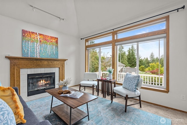 1802 Zephyr Ln NW, Silverdale, WA 98383 - living area featuring track lighting, a tiled fireplace, high vaulted ceiling, and carpet floors