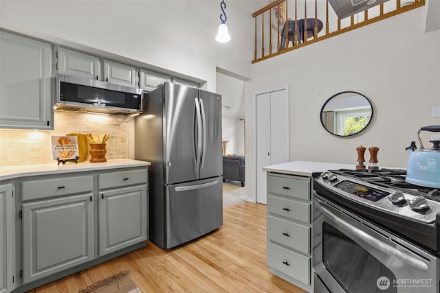 1802 Zephyr Ln NW, Silverdale, WA 98383 - kitchen featuring stainless steel appliances, gray cabinetry, light wood finished floors, and a towering ceiling