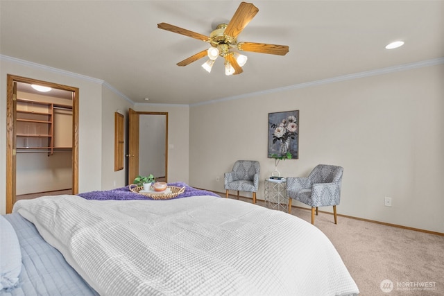 1802 Zephyr Ln NW, Silverdale, WA 98383 - carpeted bedroom with crown molding, ceiling fan, a spacious closet, a closet, and recessed lighting