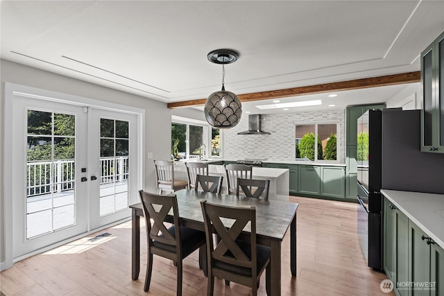 8209 188th Ave E, Bonney Lake, WA 98391 - dining area featuring french doors, light wood-style floors, beam ceiling, and recessed lighting