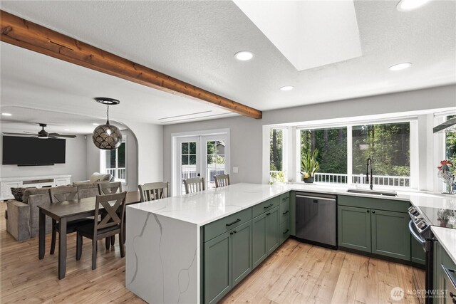 8209 188th Ave E, Bonney Lake, WA 98391 - kitchen featuring green cabinets, stainless steel dishwasher, electric stove, light stone countertops, and light wood-type flooring