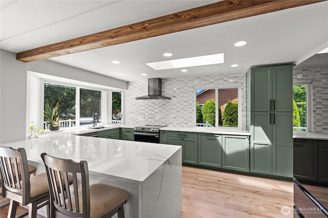 8209 188th Ave E, Bonney Lake, WA 98391 - kitchen with green cabinets, wall chimney exhaust hood, electric stove, a skylight, and backsplash