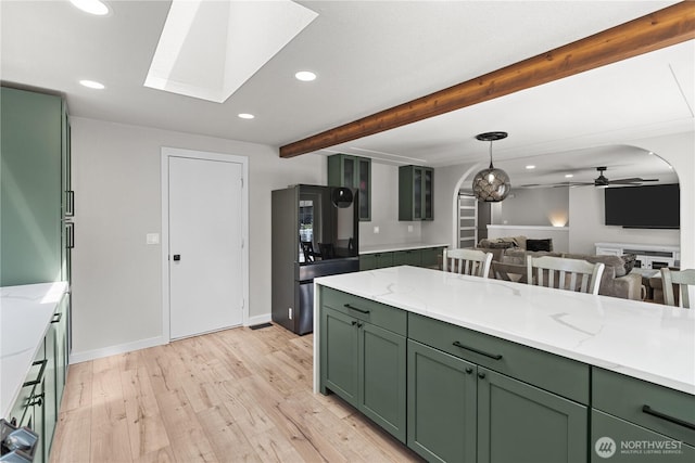 8209 188th Ave E, Bonney Lake, WA 98391 - kitchen with green cabinets, smart refrigerator, light wood-type flooring, recessed lighting, and beam ceiling