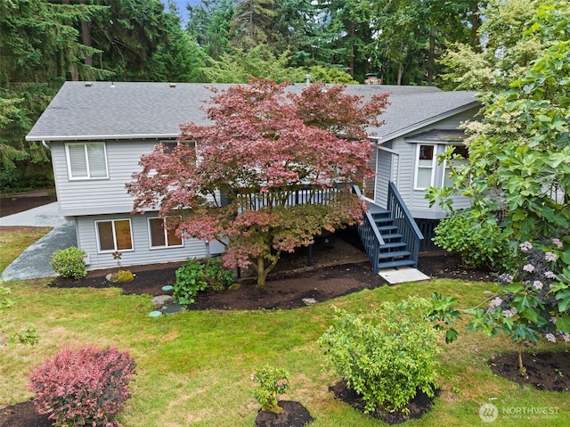 20801 Marine View Dr SW, Normandy Park, WA 98166 - view of front of house with a wooden deck, stairs, a front lawn, and a shingled roof