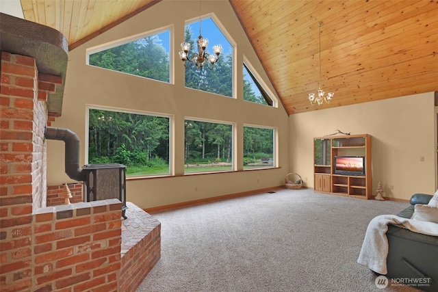1931B State Route 505, Toledo, WA 98591 - carpeted living room with a chandelier, wood ceiling, and high vaulted ceiling